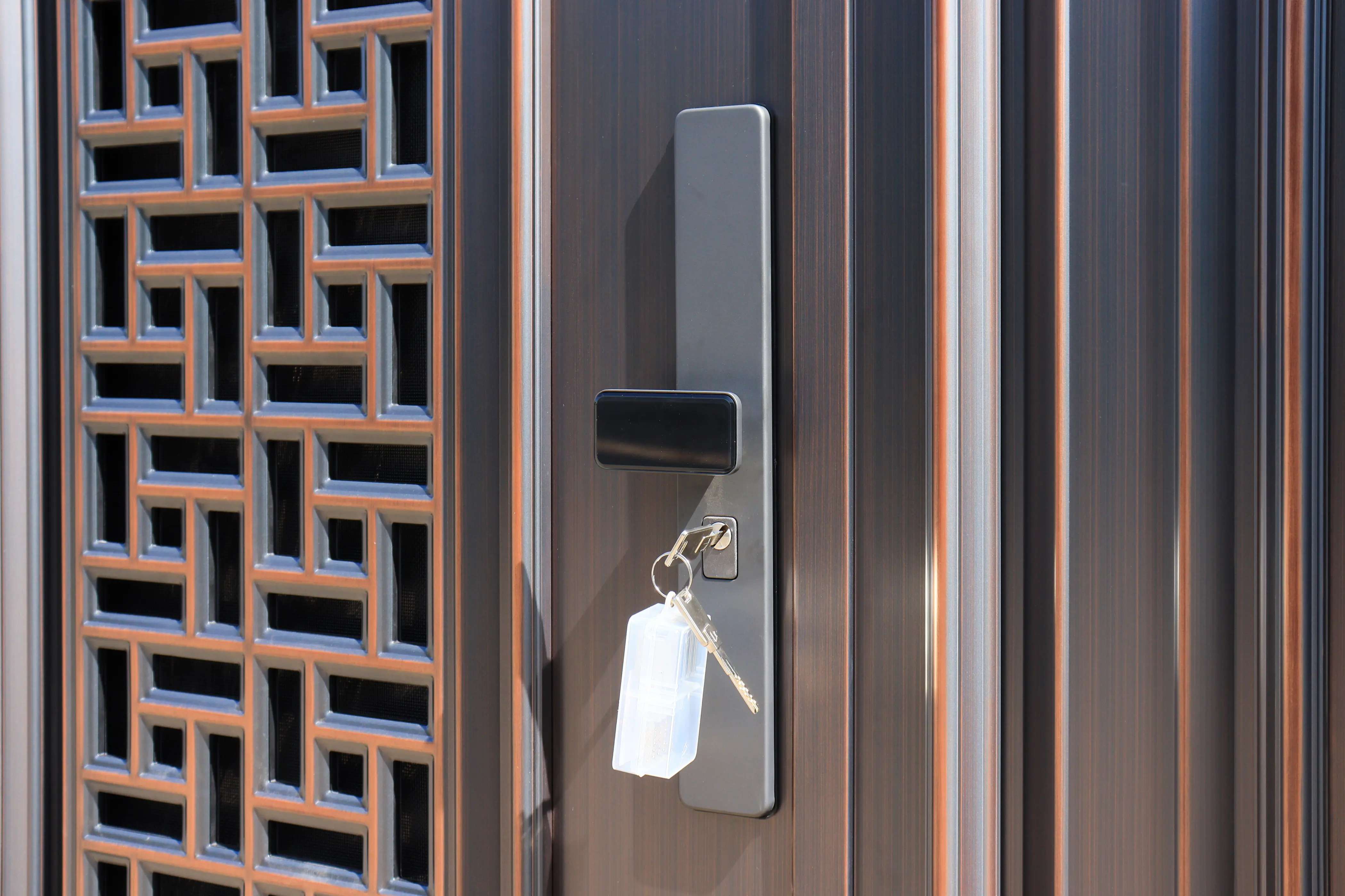 manual locking option on brushed copper steel door