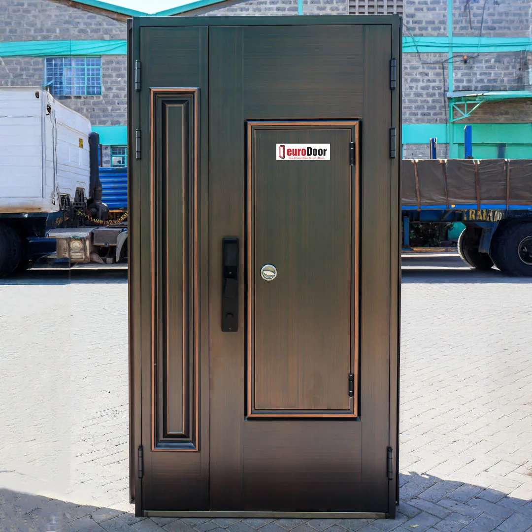 backside of double steel door finished by brushed copper color 