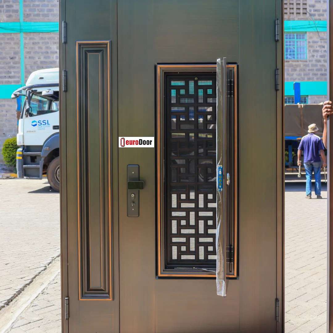 backside of brushed copper steel door with hatch open