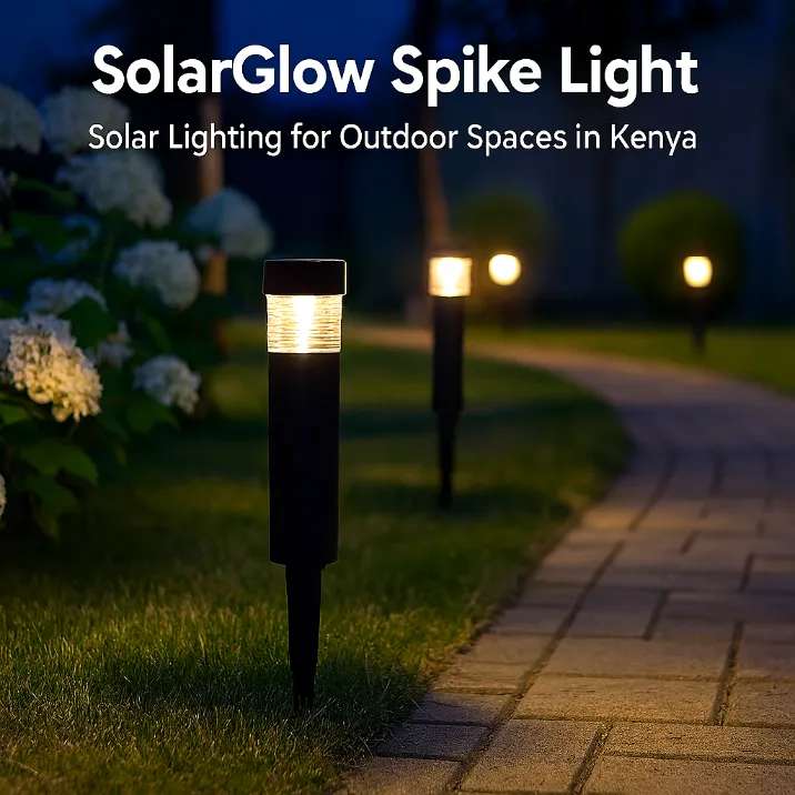 euro door solar spikes in full glow at night along  a paved flower bed