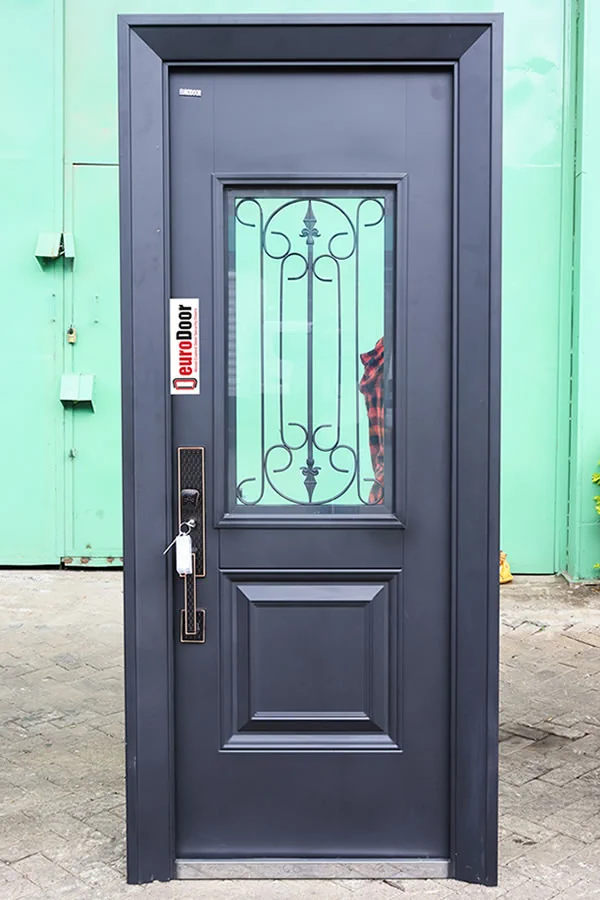 Black French Security Door with Powerful Grill and Glass (900mm wide by 2200mm high)